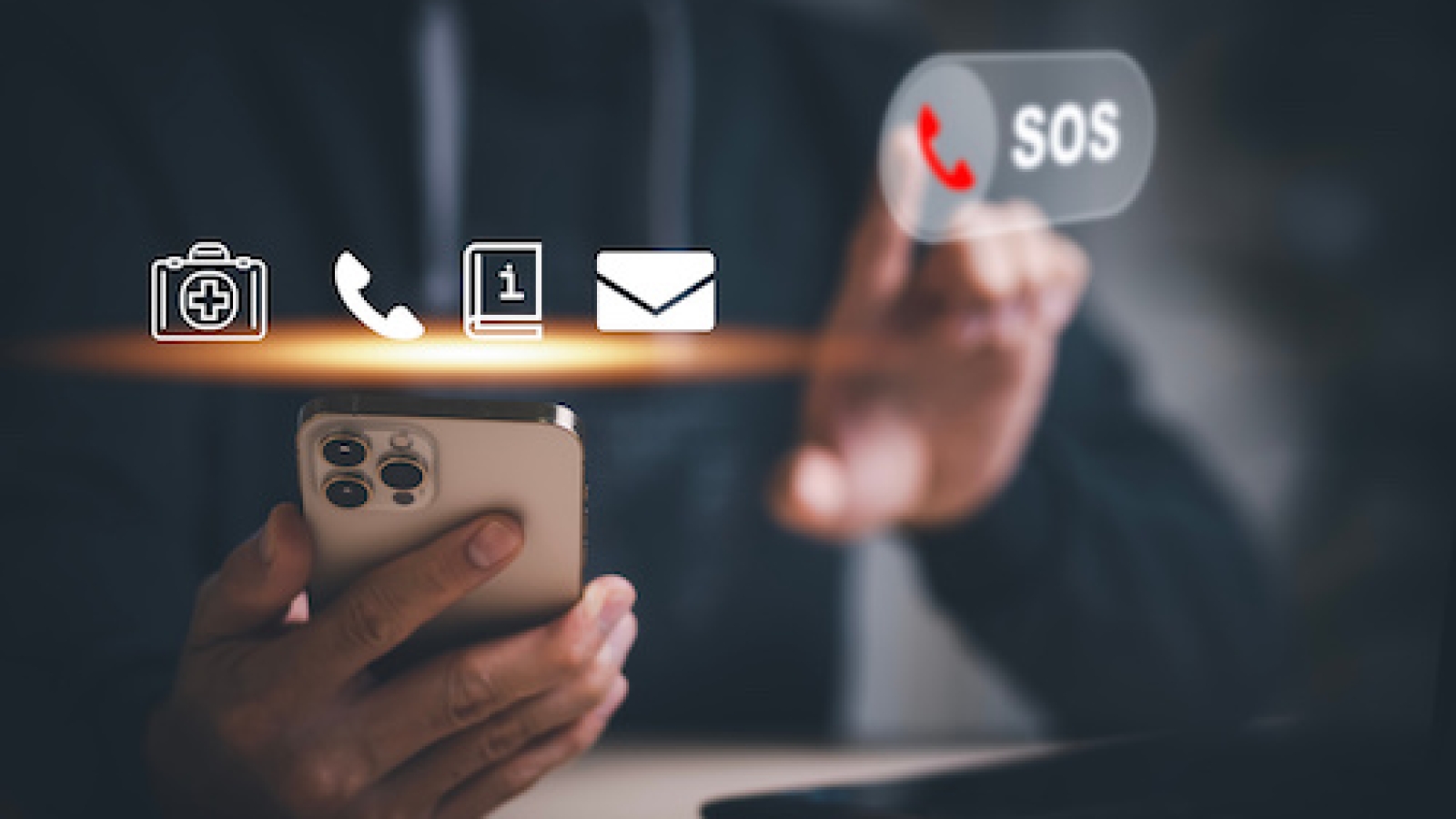 Hand touch button Emergency app in home, call phone, Chat message icon, Emergency application from smartphone for elderly, technology concept.Old hand touch mobile phone and call for help.